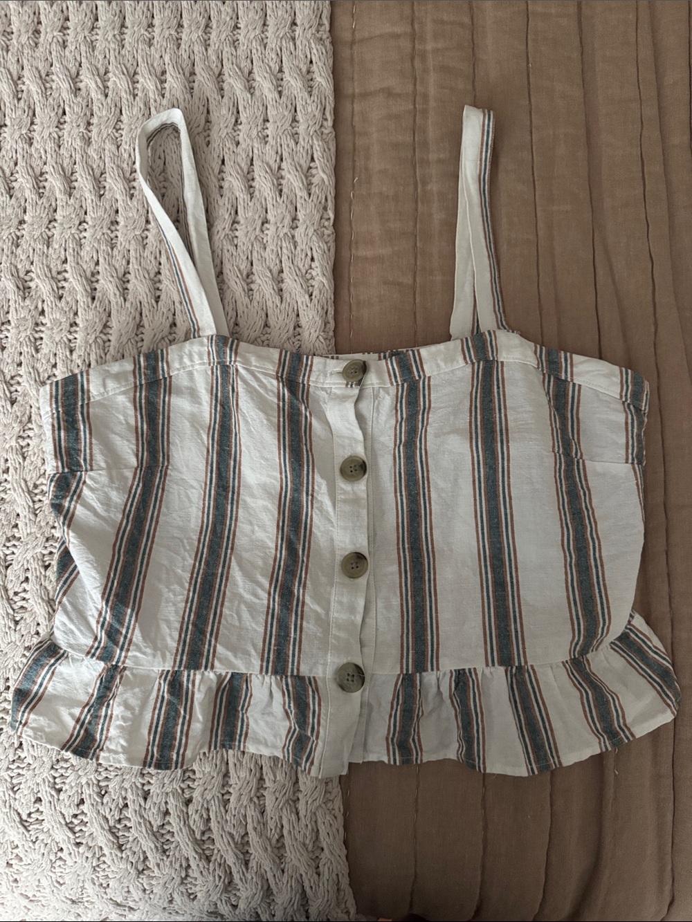 LOFT Striped Linen-Blend Crop Top in White with Blue and Brown Stripes